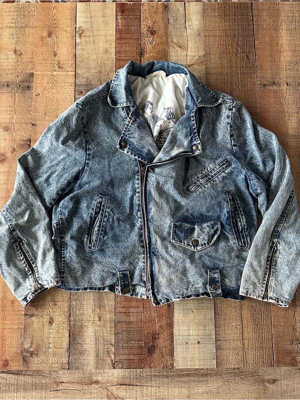 VINTAGE Dual Control 1980s 80s HEAVY Denim Jacket w White Leather Size Large